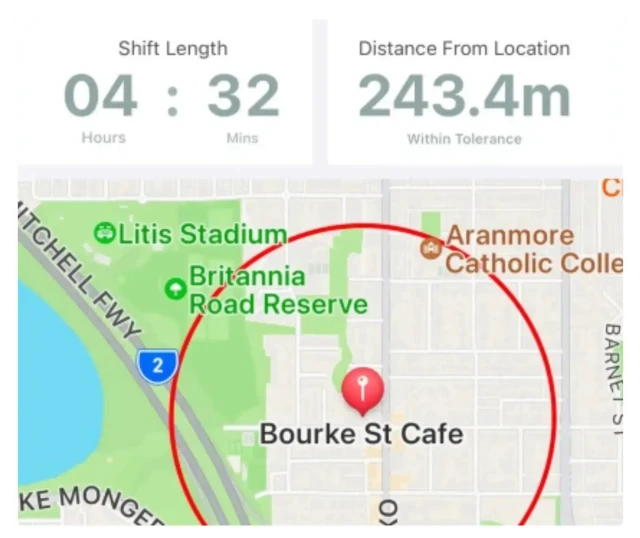 RosterElf GPS location verification showing map and distance