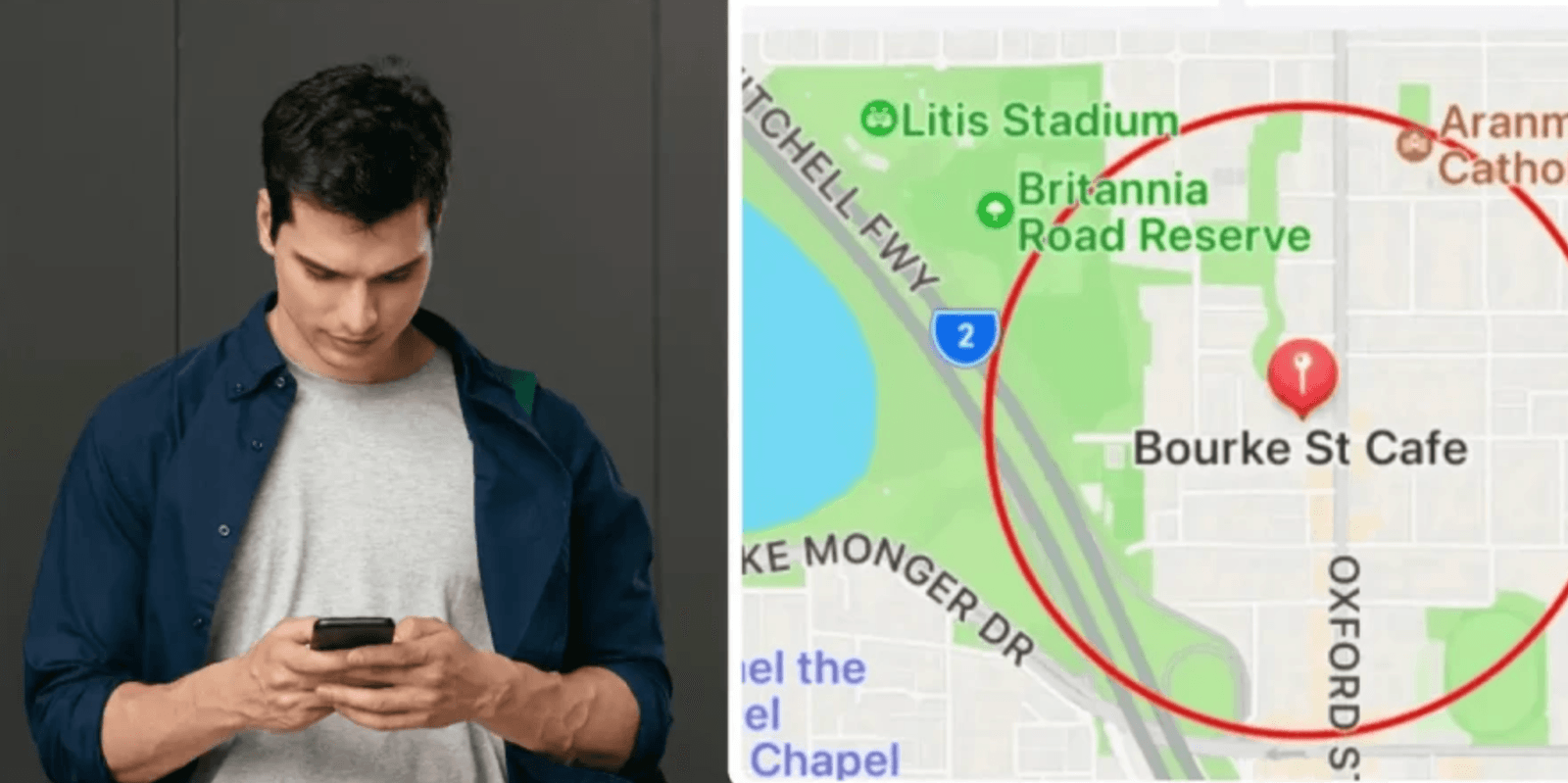 Employee using GPS clock-in app with geofencing map