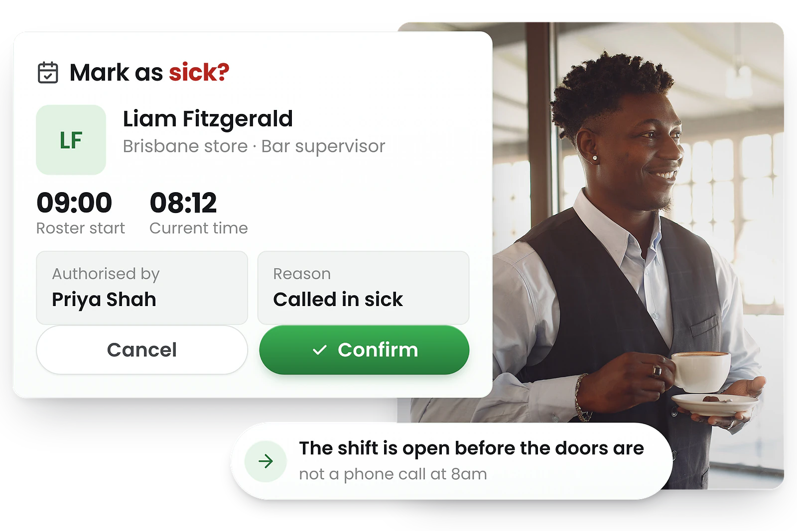 The RosterElf time clock asking whether a staff member who has not arrived should be marked as sick