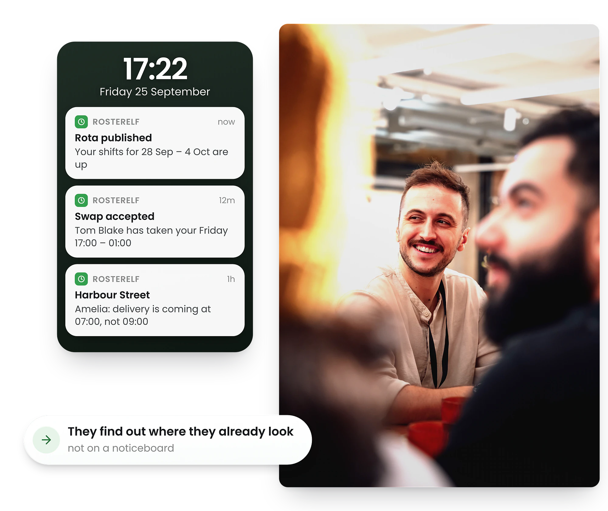 RosterElf employee chat app showing team messaging between manager and shift worker in UK