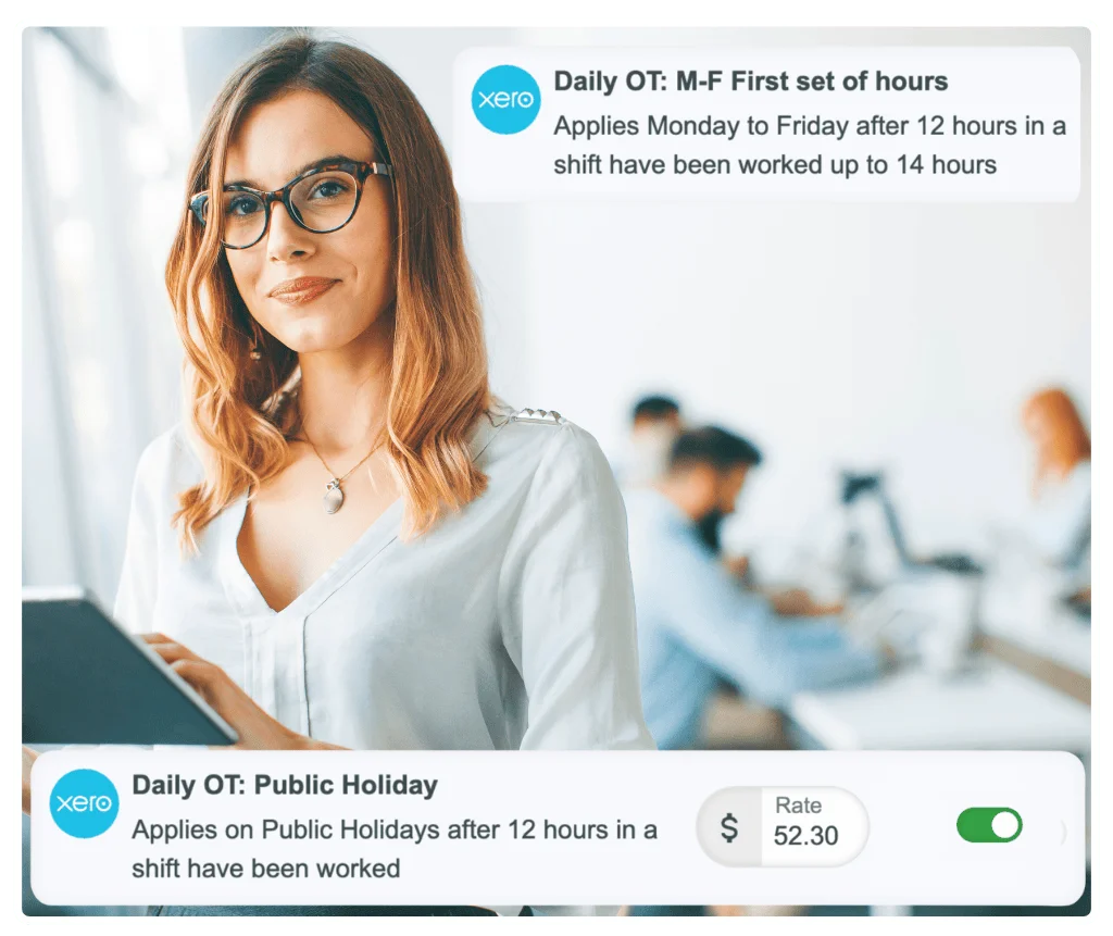RosterElf showing automatic overtime and premium rate calculations for weekend and bank holiday shifts with Xero integration