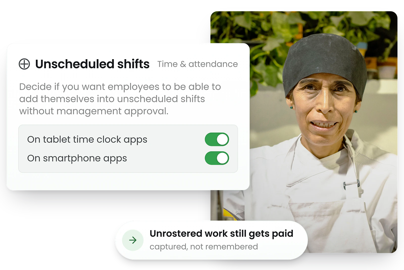 A staff member starting a shift in RosterElf that was never rostered, flagged as unscheduled