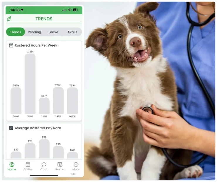 Veterinary clinic workforce management software showing rostering interface