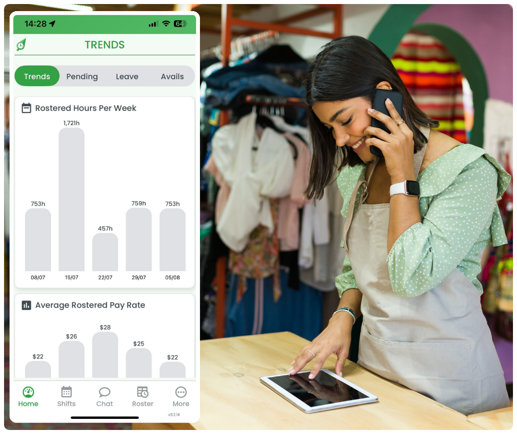 RosterElf mobile app showing real-time wage costs and workforce status