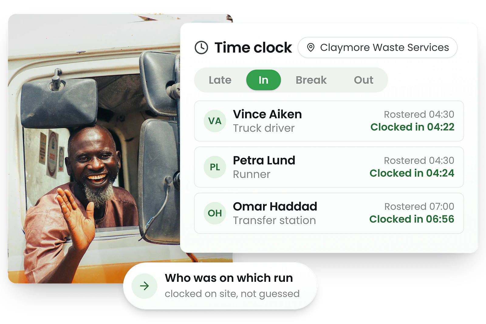 Waste management staff clocking in on a mobile device