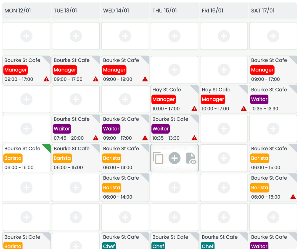 RosterElf weekly rota view showing automatic shift scheduling