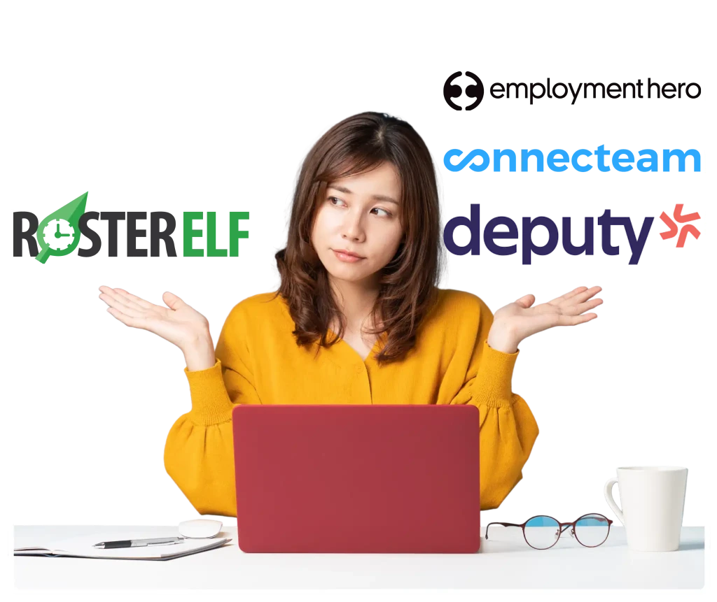 Business owner comparing rostering software options including RosterElf, Deputy, Connecteam and Employment Hero