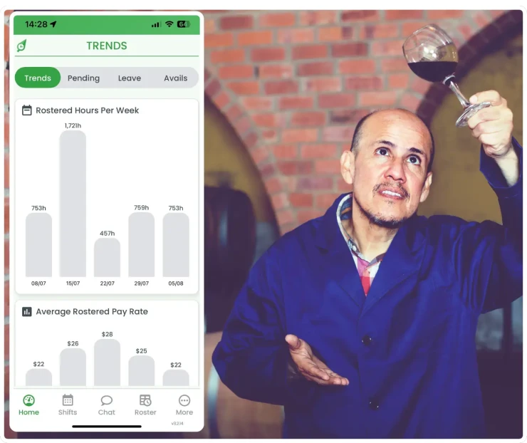 Winery workforce management software showing rostering interface