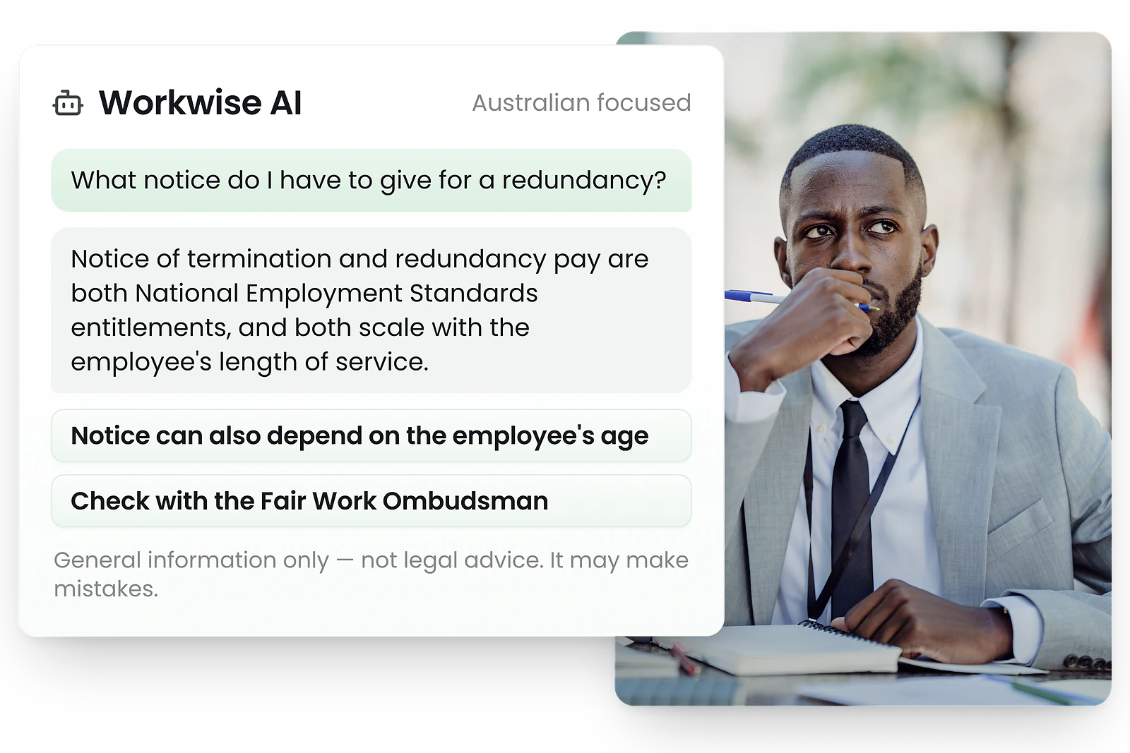 Workwise AI answering what notice is required for a redundancy, citing the National Employment Standards and pointing to the Fair Work Ombudsman