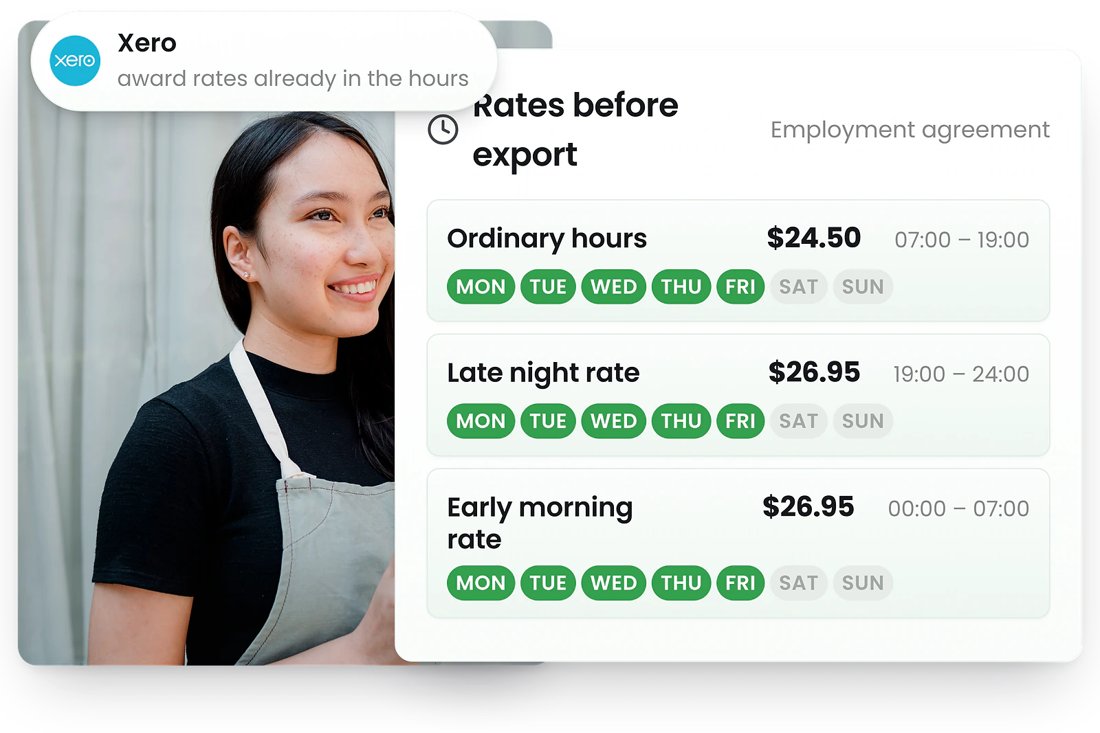 RosterElf Xero scheduling software showing calculated overtime and public holiday pay rates