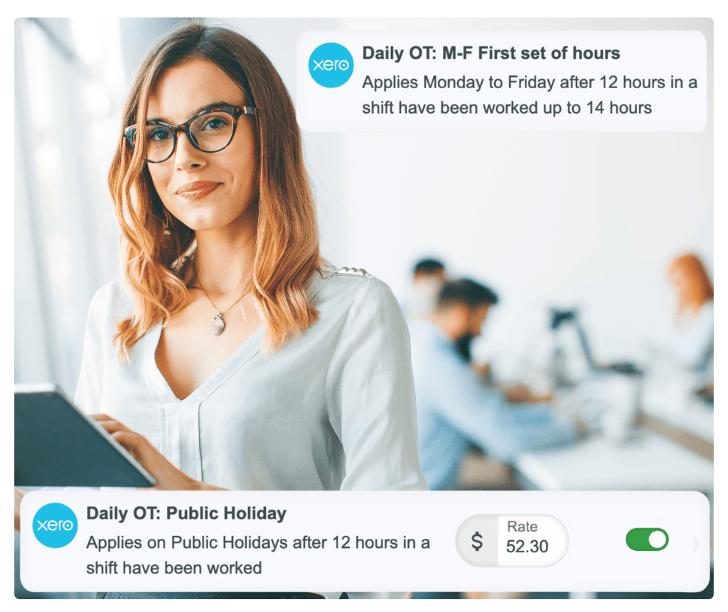 RosterElf Xero integration showing daily overtime and public holiday pay rates