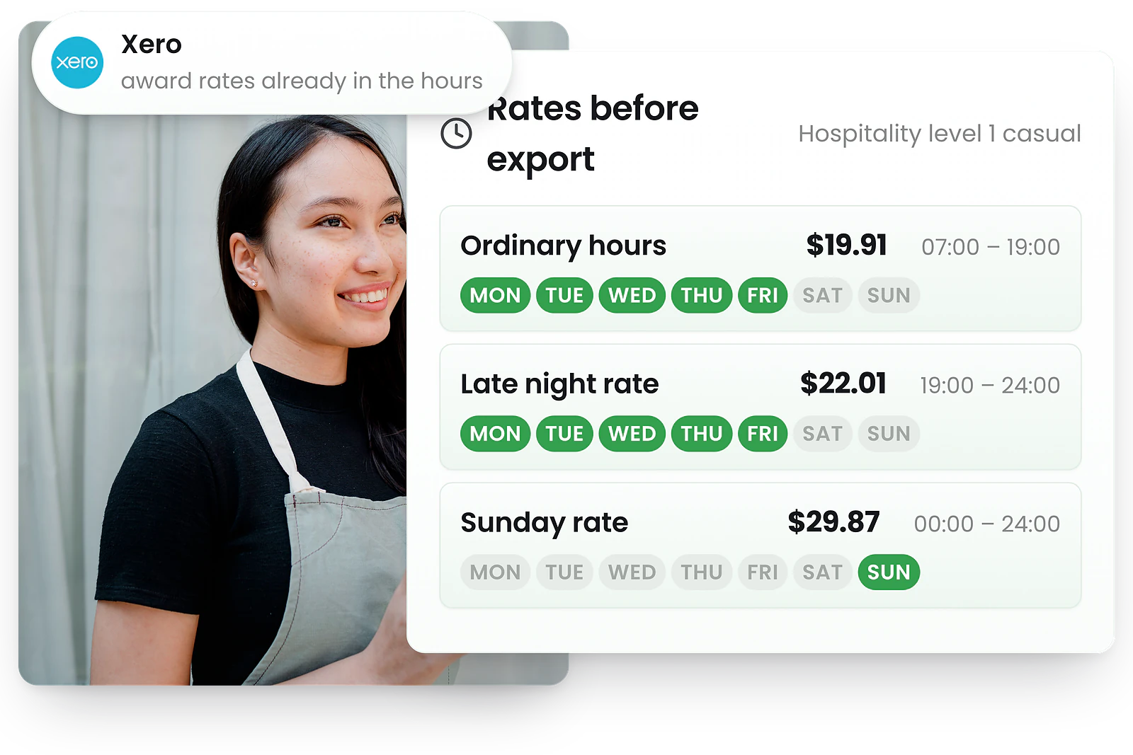 RosterElf Xero scheduling software showing calculated overtime and public holiday pay rates
