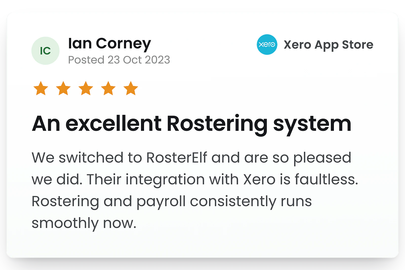 Xero App Store 5-star review for RosterElf Xero timesheet app