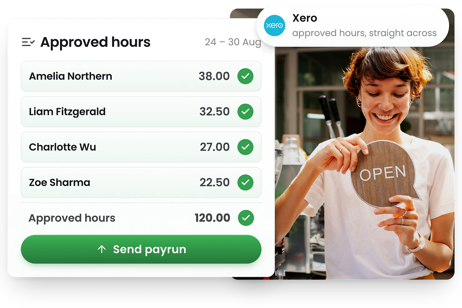 RosterElf Xero employee timesheet app showing approved hours and Send to Xero button