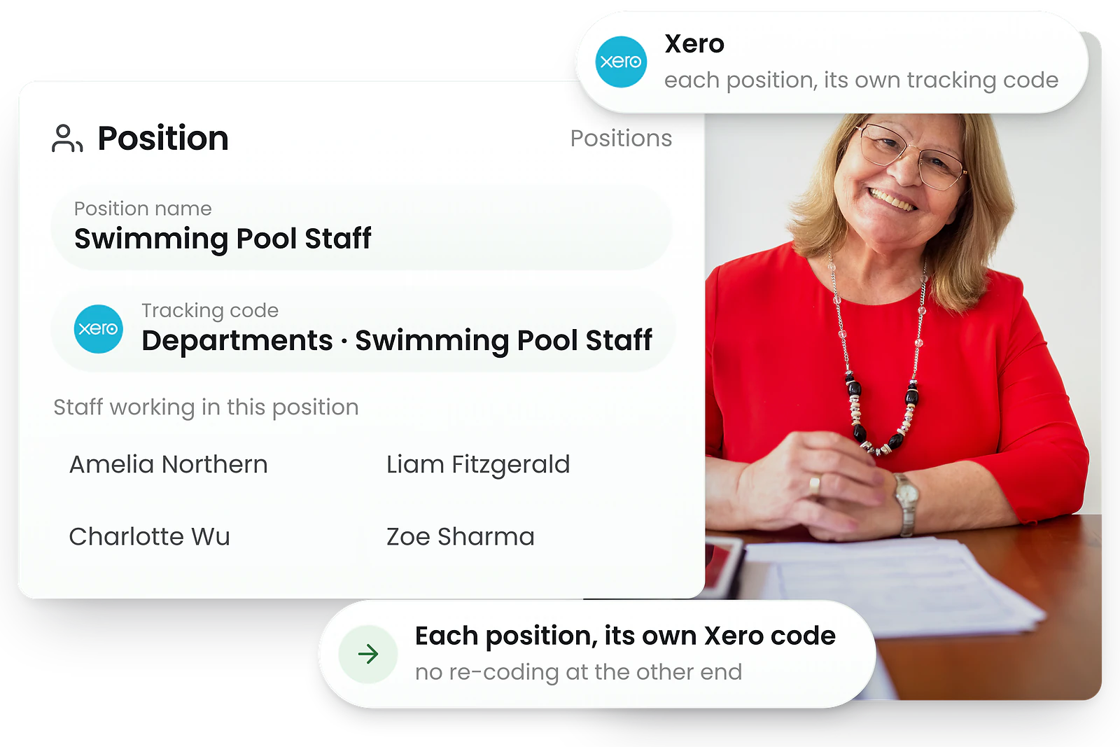 A RosterElf position carrying its Xero tracking code, so exported hours arrive already categorised