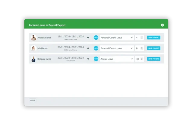 RosterElf's time and attendance modal