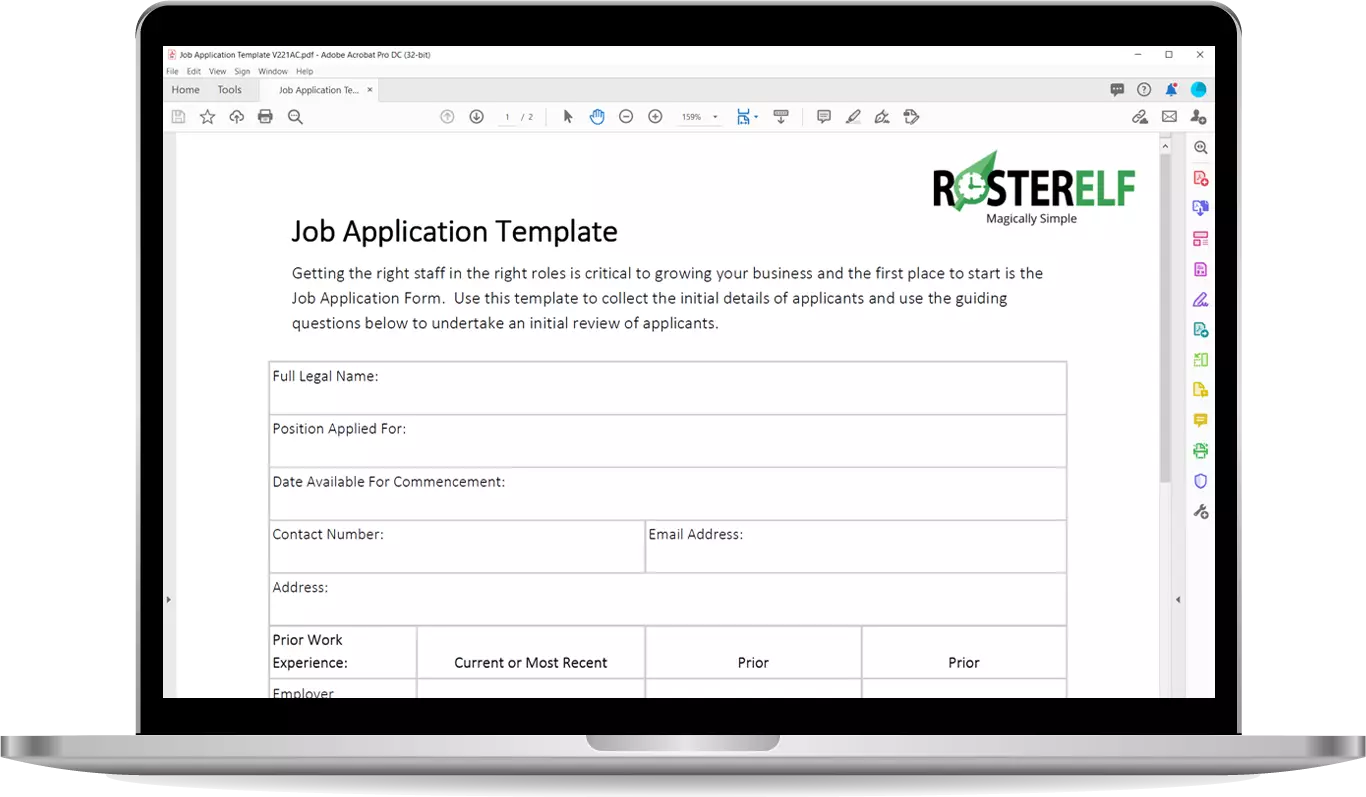 Job application template rosterelf